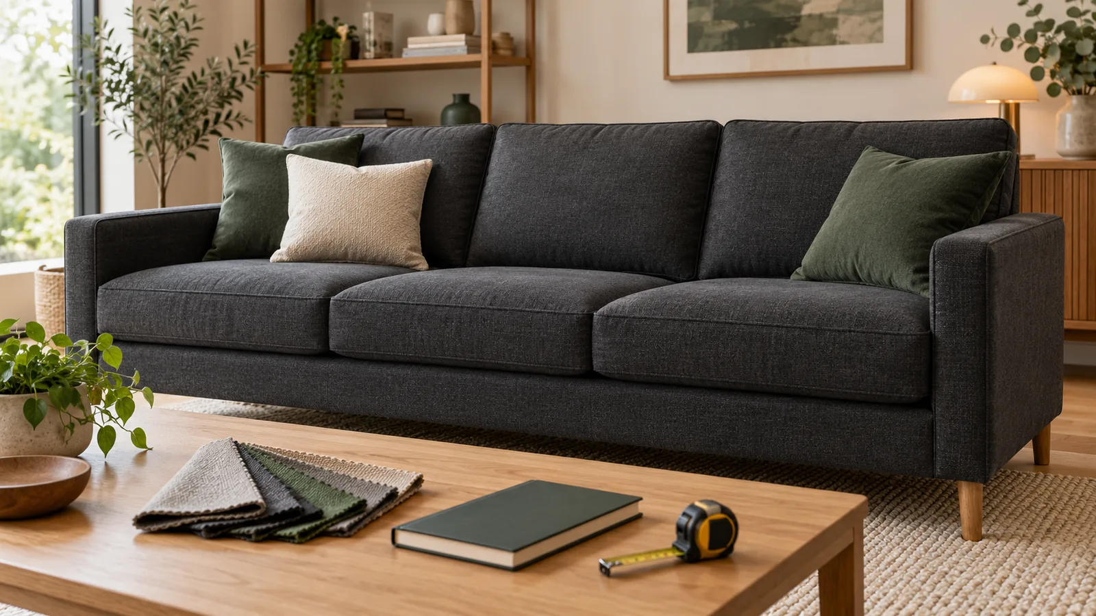AI-generated editorial image of a charcoal sofa with upholstery swatches, a notebook and a measuring tape.