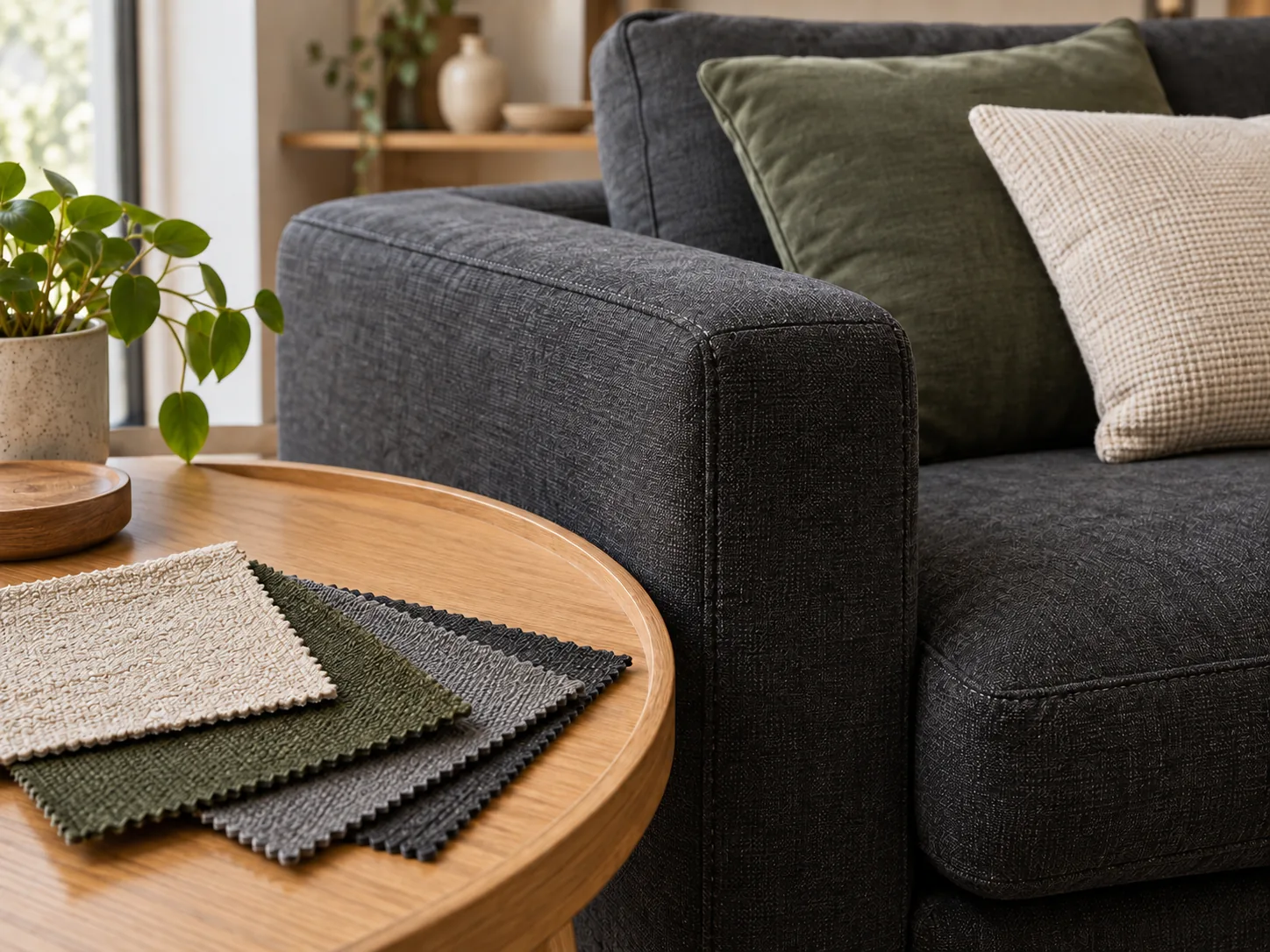 AI-generated editorial close-up of a charcoal sofa armrest seam beside upholstery fabric swatches.