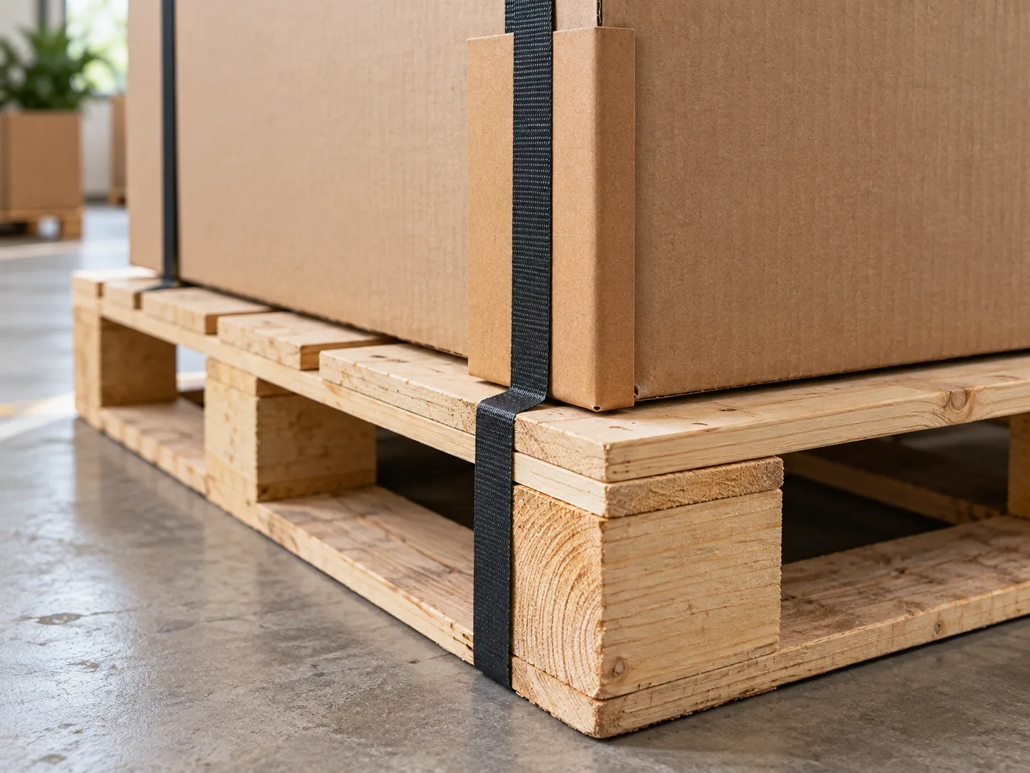 Close-up of wooden pallet boards, a carton corner guard and a dark securing strap.