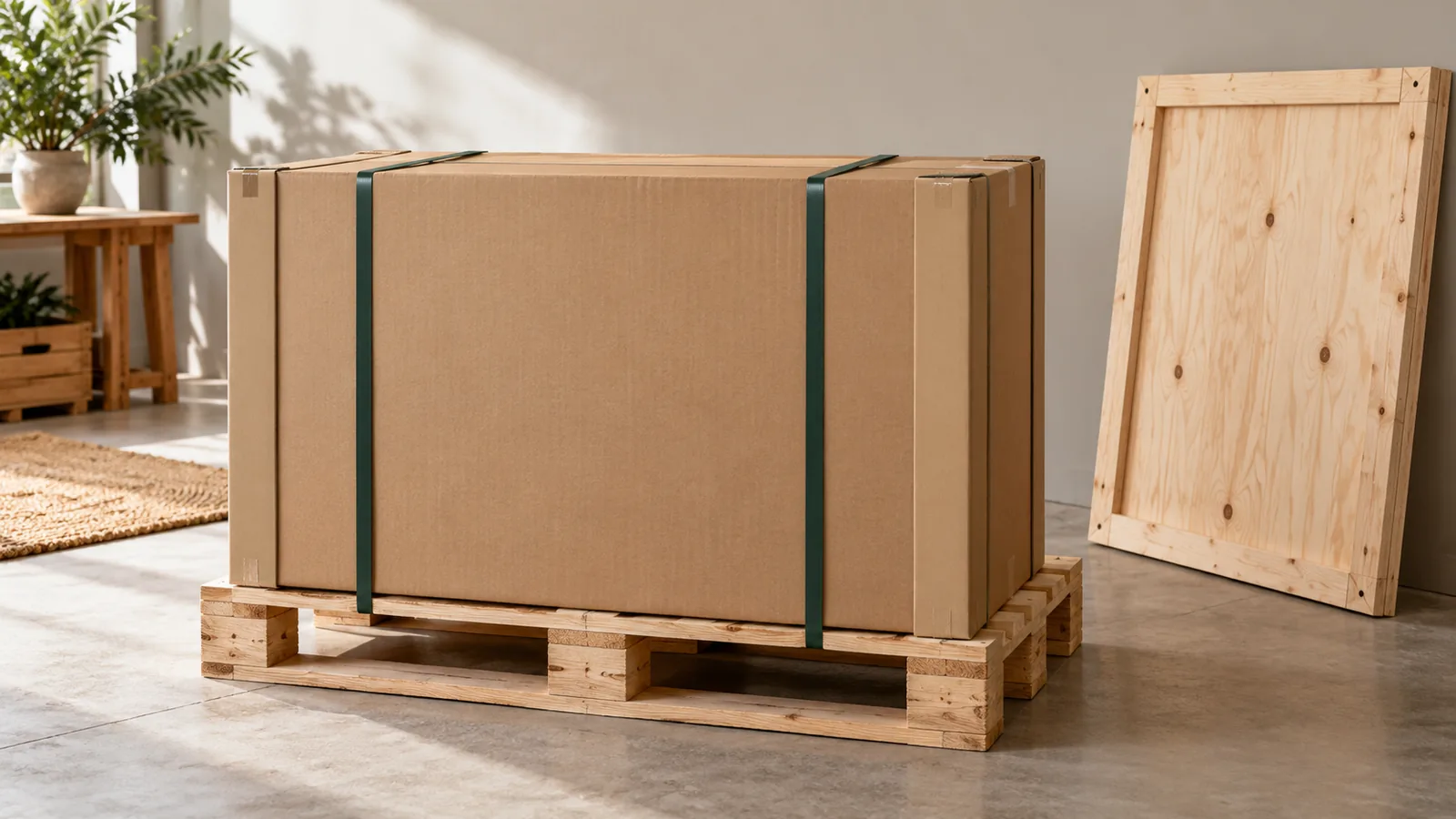 A furniture carton secured to an unmarked wooden pallet beside a crate panel.